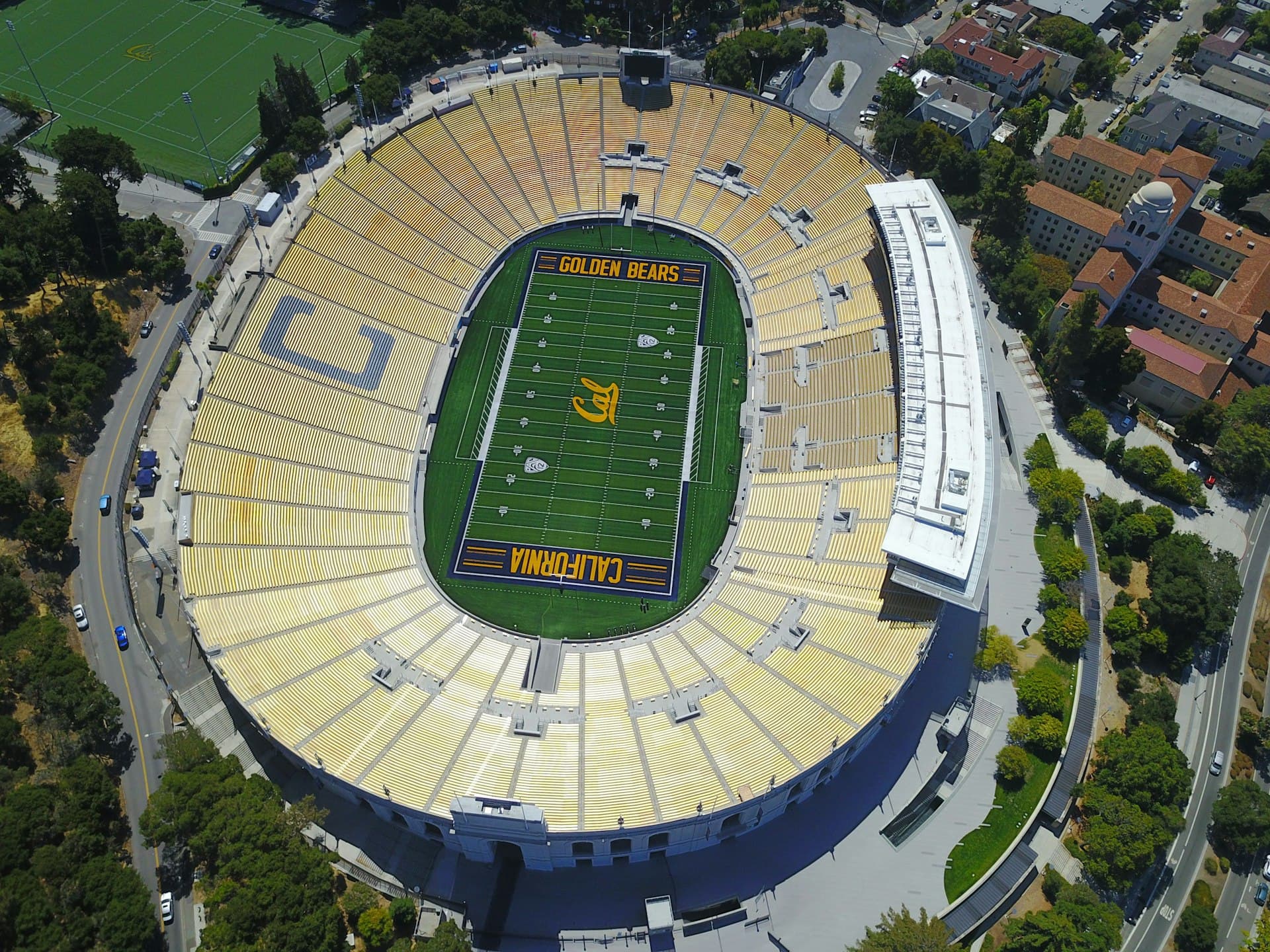 University campus football stadium aerial view